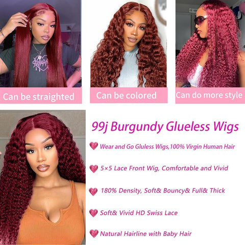99j Burgundy Deep Wave Lace Front Wigs Glueless Wigs Human Hair Pre Plucked Pre Cut 5X5 HD Lace Closure Human Hair Curly 180% Density Lace Front Wigs for Black Women 22 Inch