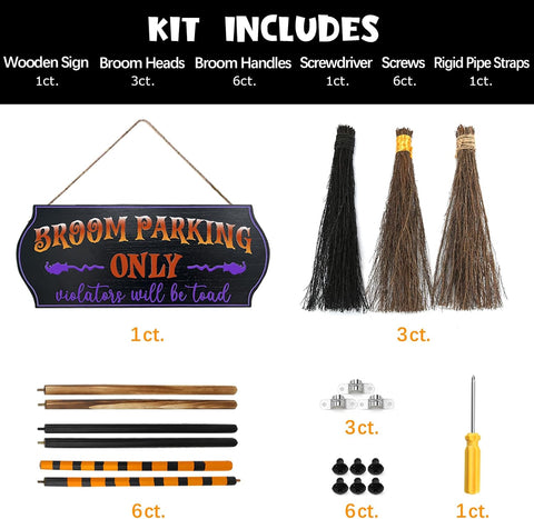 Halloween Decorations - Broom Parking Sign with 3 Wooden Witches Brooms