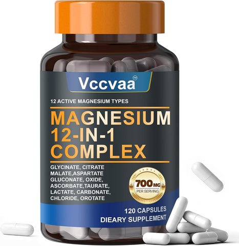 Magnesium Complex 700mg | 12-in-1 High Absorption Supplement | Glycinate, Citrate, Malate, Taurate & More | Sleep Support, Muscle Cramp Relief, Stress, Heart & Nerve Health | 120 Vegan Capsules
