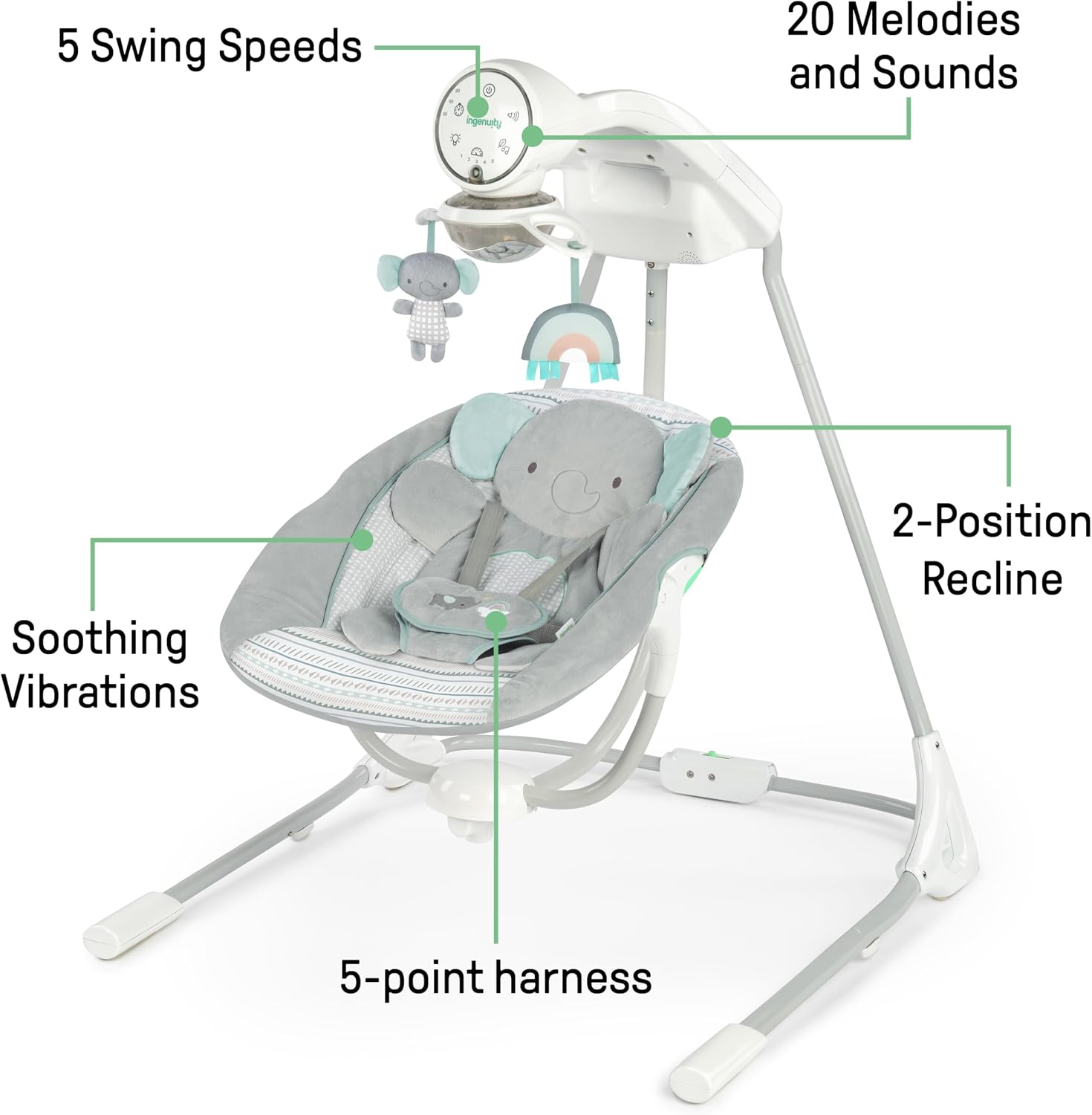 Ingenuity InLighten 5-Speed Baby Swing for Infant, Newborn to 9 Months, Van
