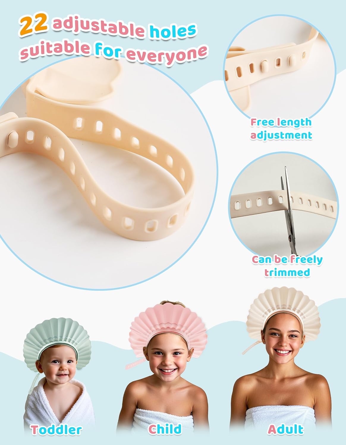 Kids Shower Cap, Baby Hair Washing Shield, Bath Eye Ear Head protector, Bathing Visor for Toddlers, Air Cushioned Shampoo Caps with 22-Size Adjustment for 6Month+ to Adult (White)