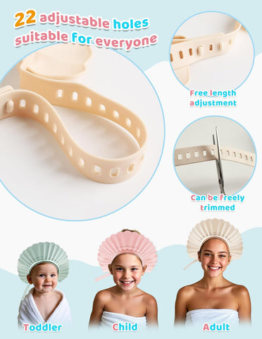 Kids Shower Cap, Baby Hair Washing Shield, Bath Eye Ear Head protector, Bathing Visor for Toddlers, Air Cushioned Shampoo Caps with 22-Size Adjustment for 6Month+ to Adult (White)