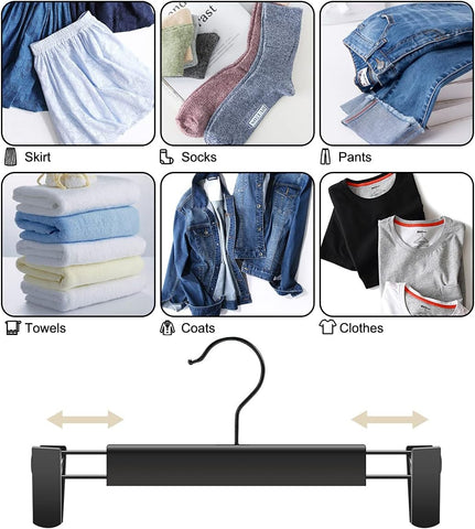 GUANJUNE 10 Pack Clothes Pants Hangers, Space-Saving Skirt Holders with 360 ° Swivel Hooks, Adjustable Clips, Trouser Coat Garment Jeans Black