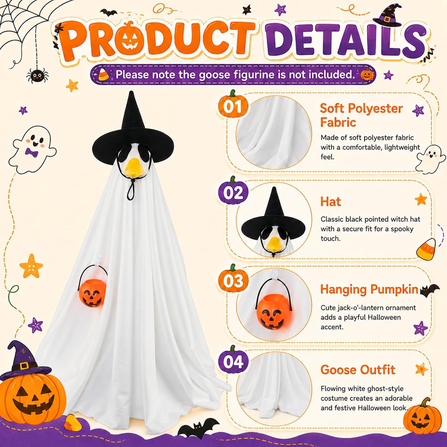 Halloween Porch Goose Outfit for 23" Statues Goose Clothes with Pumpkin