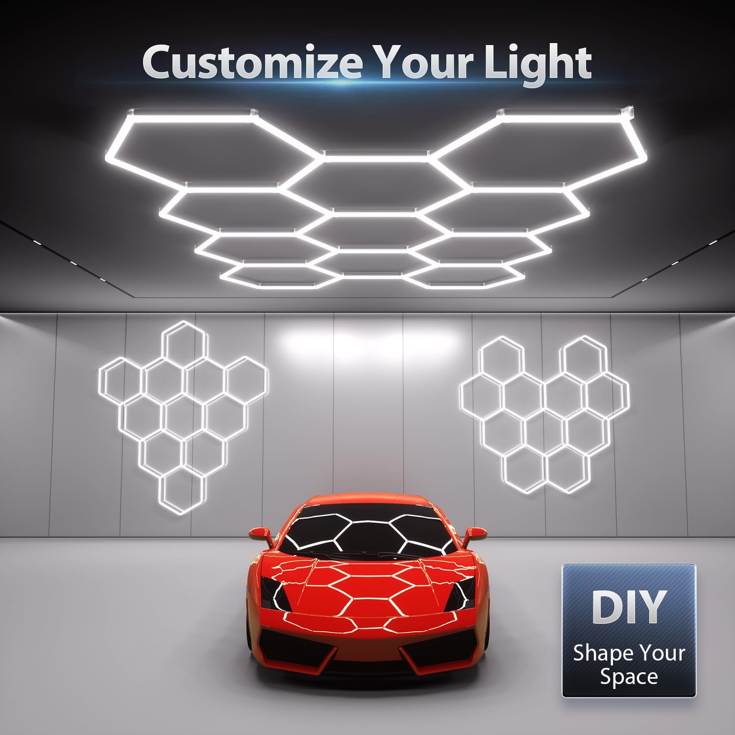 Hexagon Garage Lights: 322W 11 Grids Hexagon LED Lights - Easy Install 6500K Super Bright Honeycomb Lights Ceiling for Garage, Warehouse, Car Detailing Shop, Exhibition Hall, Gym