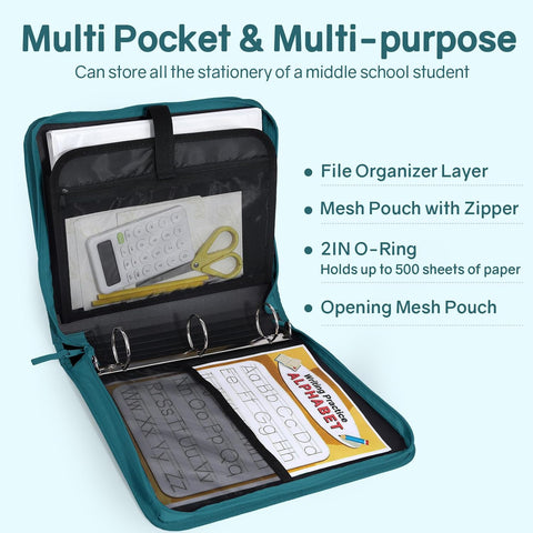SUNEE Zippered Binder Bag with Handle, 2-Inch 3-Ring O-Ring, 500-Sheet Capacity, Includes Zip Pocket, 5-Tab Expanding File Folder, Multi-Pocket Organizer Binder for Middle School, Dark Teal-Green