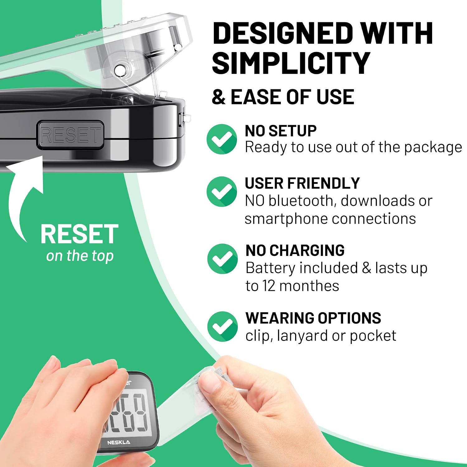 NESKLA 3D Pedometer, Simple Step Counter with Large LCD Display for Walking