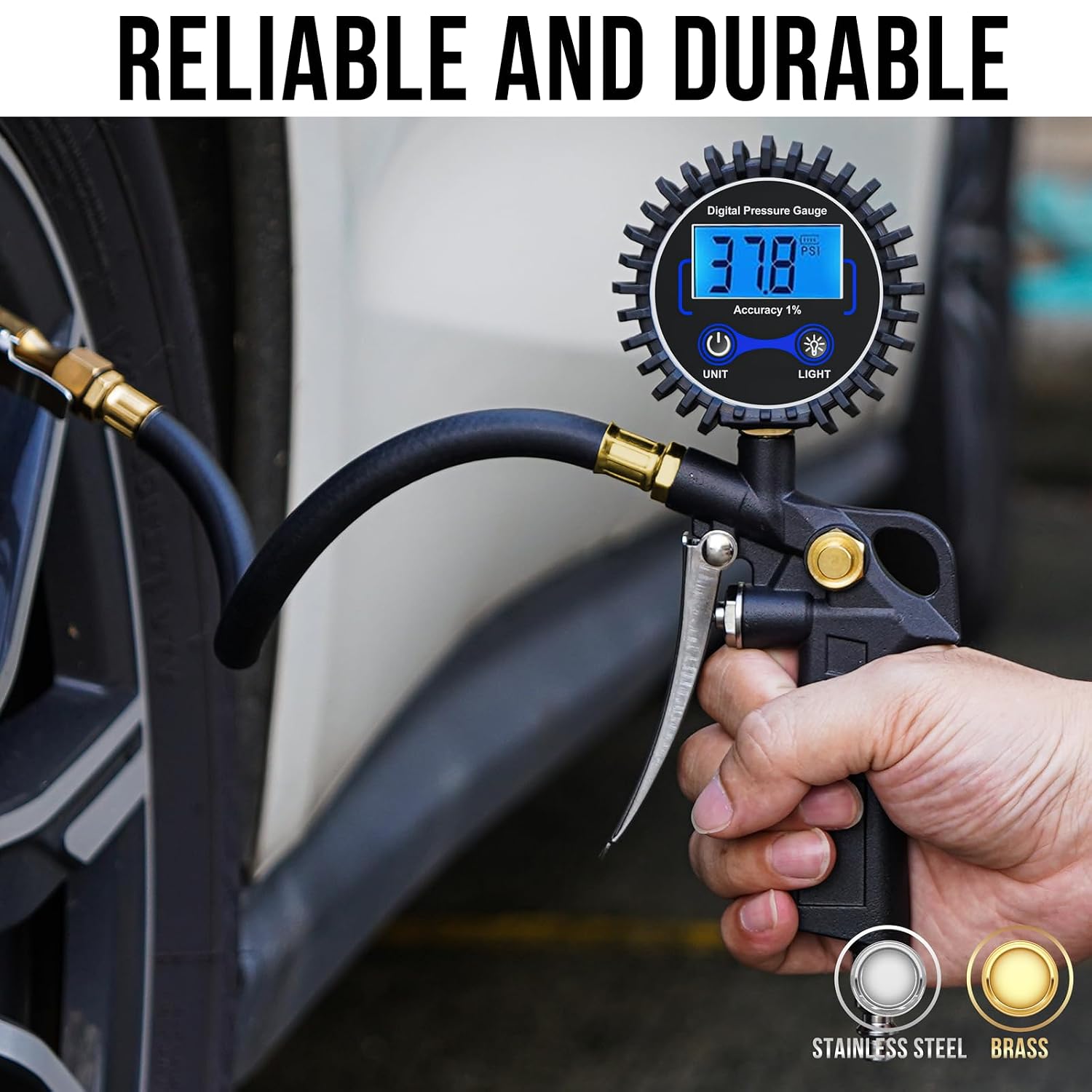Digital Tire Pressure Gauge with Inflator, 3-250 PSI Air Compressor Accessories with Air Chuck Quick Connect Coupler, Car Attachments with Rubber Hose for Car, Truck, SUV, Cycle, RV