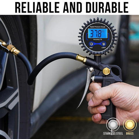 Digital Tire Pressure Gauge with Inflator, 3-250 PSI Air Compressor Accessories with Air Chuck Quick Connect Coupler, Car Attachments with Rubber Hose for Car, Truck, SUV, Cycle, RV