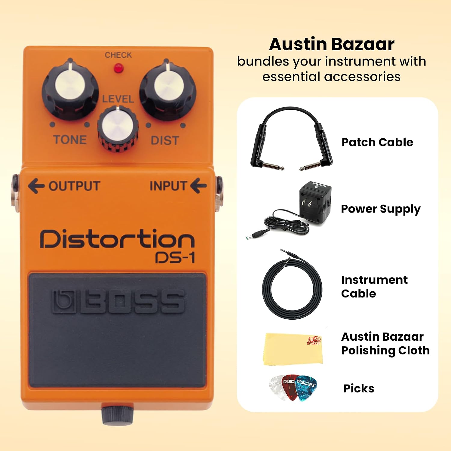 Boss DS-1 Distortion Bundle with Gearlux Power Supply, Instrument Cable, Patch Cable, Picks, and Austin Bazaar Polishing Cloth