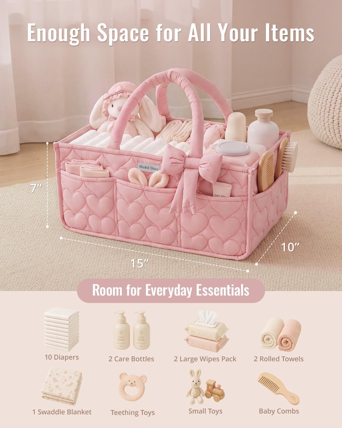 Blissful Diary Baby Diaper Caddy Organizer, Heart-Quilted, Light Pink