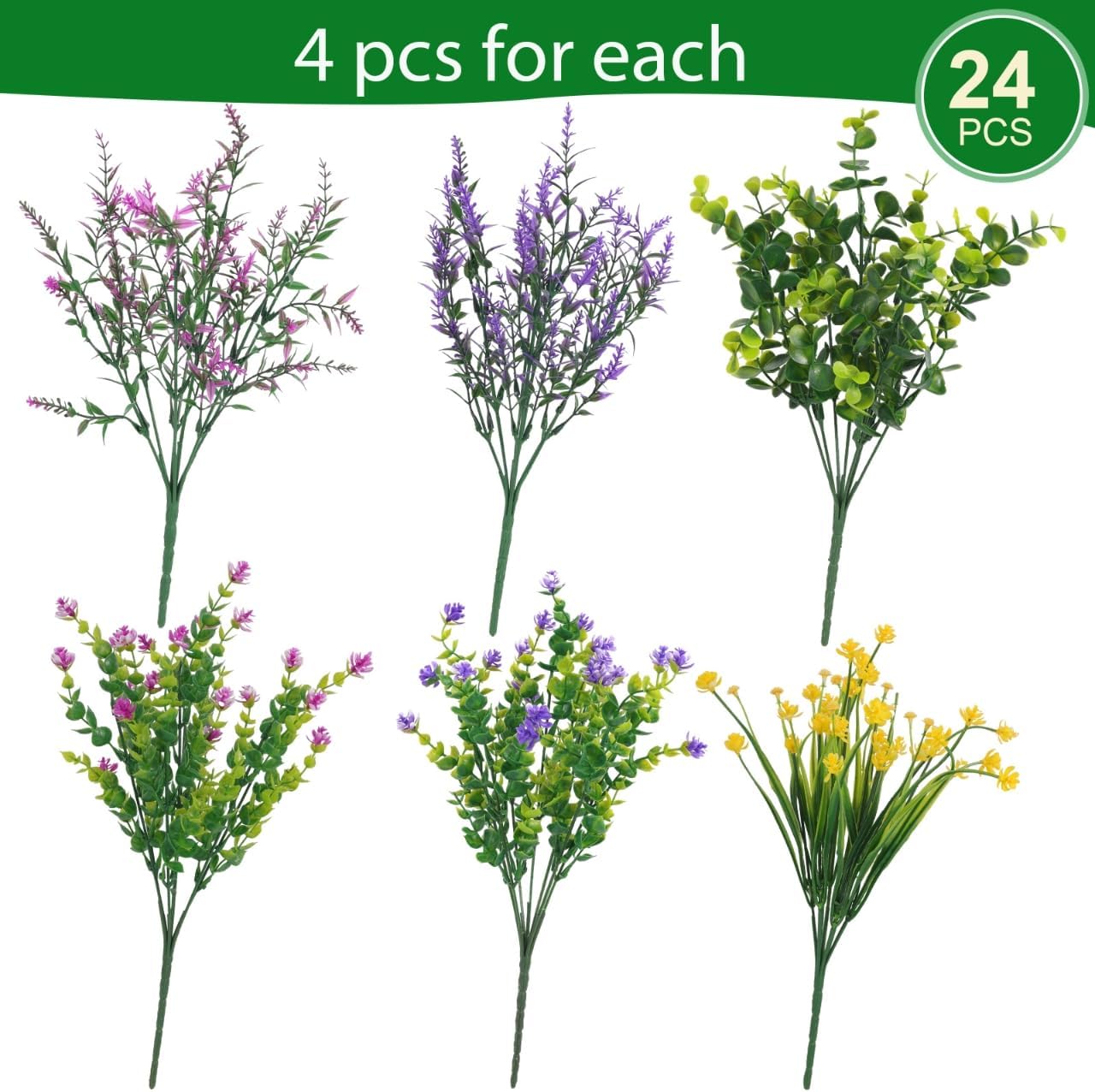 Hananona 24 Pcs Artificial Flowers Outdoor, Faux Artificial Plants UV Resistant Plastic Flower Bulk for Hanging Planter Porch Window Home Wedding Summer Decor (24, Fuchsia, Purple, Yellow, Green)