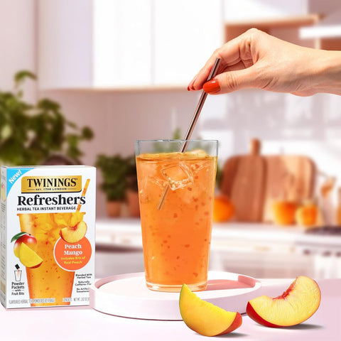 Twinings Peach Mango Refreshers, Herbal Tea Instant Beverage with Real Peach Fruit Bits, 5 Count (Pack of 6), Café Style, No Artificial Sweeteners, Naturally Caffeine-Free Refreshment, 30 Packets