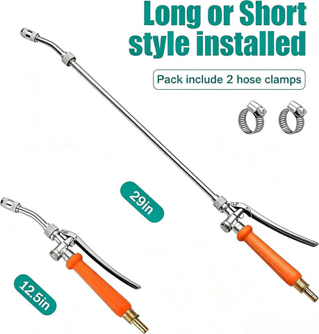 VANPET All Metal Sprayer Wand,1/4" & 3/8" & 1/2" Brass Barbs Sprayer Wand Replacement, Built-in Shut Valve Stainless Steel & 2 Hose Clamps