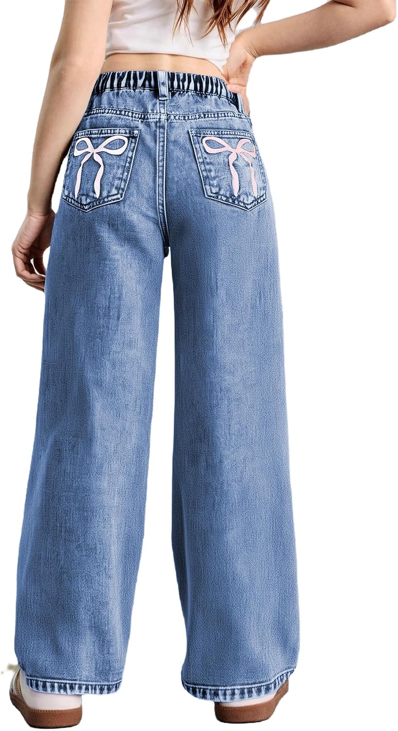 WDIRARA Girl's Bow Print Jeans Elastic High Waist Wide Leg Cute Denim Pants