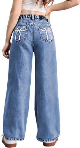 WDIRARA Girl's Bow Print Jeans Elastic High Waist Wide Leg Cute Denim Pants