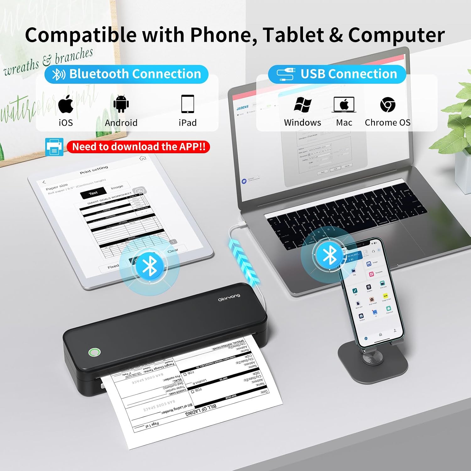 Gloryang Inkless Portable Printer for Travel, Wireless Thermal Printer Supports 8.5 x 11 Inch Thermal Paper, Bluetooth Machine Includes Carry Case and 3 Rolls of Paper Kit, Black
