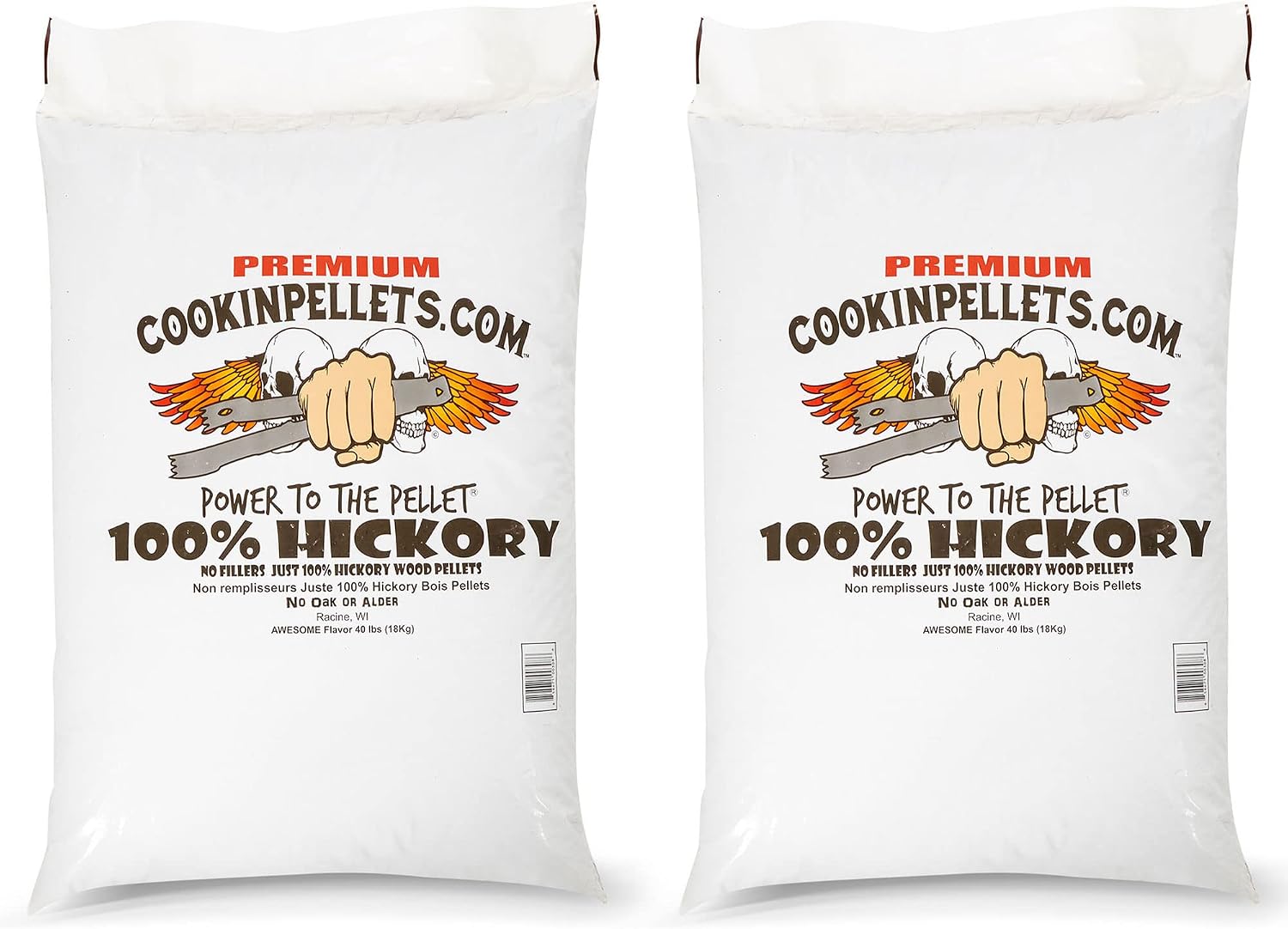 CookinPellets 40-Pound Premium Genuine Hickory Hardwood Grill Smoker Wood Pellets, No Bark, Fillers, and Flavor Oils, for Meat and Veggies (2 Pack)