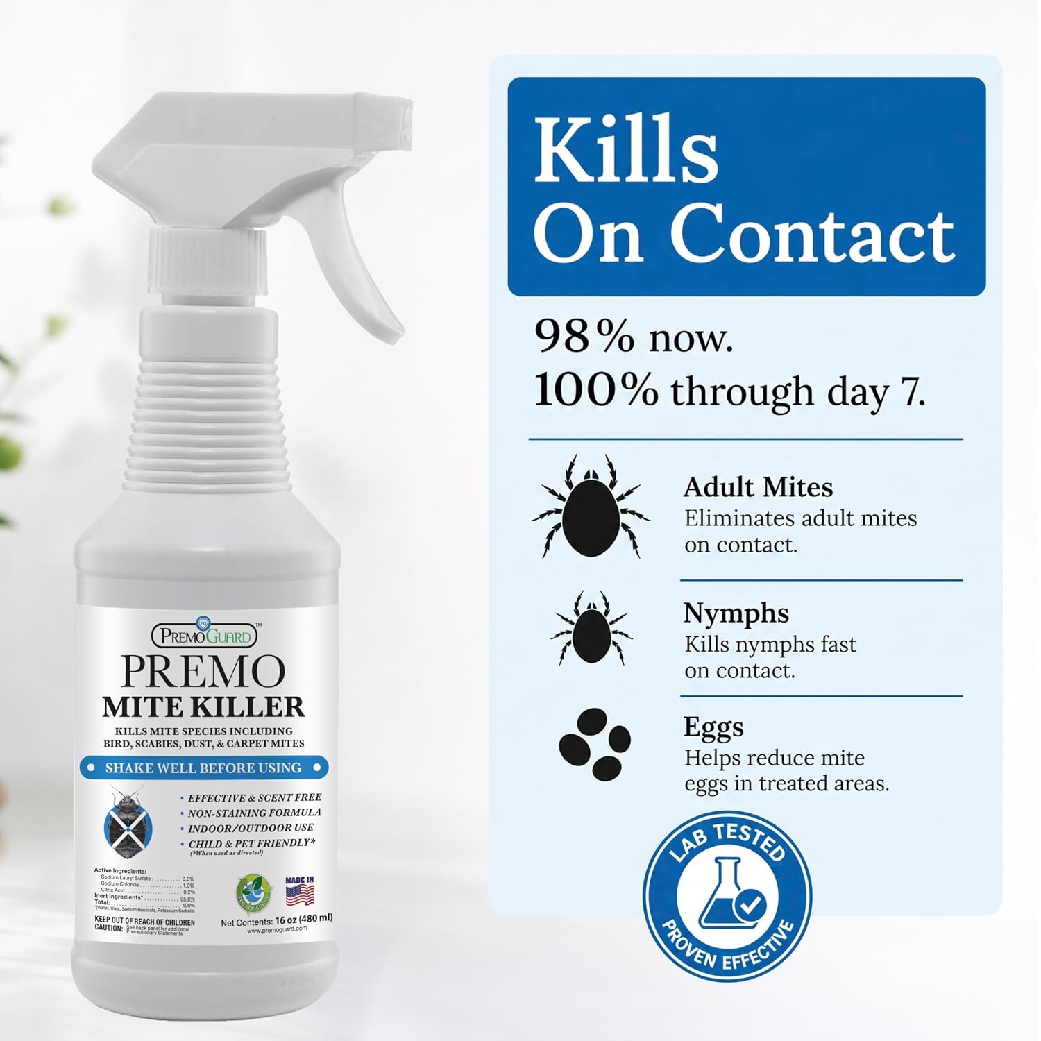 Premo Guard Natural Mite Spray, Kills Dust, Bird, Carpet Mites - 16 oz