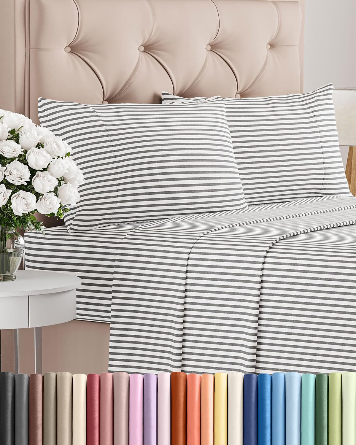 Queen Size 4 Piece Sheet Set - Breathable & Cooling Sheets - Grey Stripes