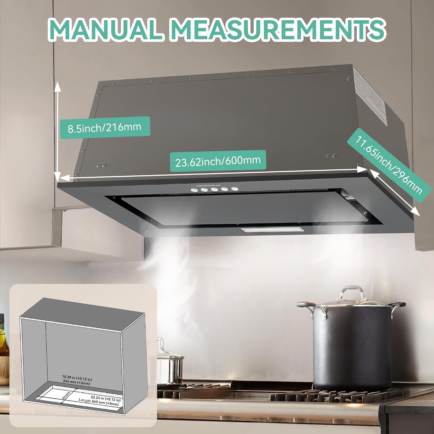 400CFM Range Hood Insert 23.6 inch black |Build-In/Insert Stainless Steel Kitchen Vent Hood |3-Speed Controls with LED Lights| Bottom Control |Ducted/ductless Convertible| Quiet