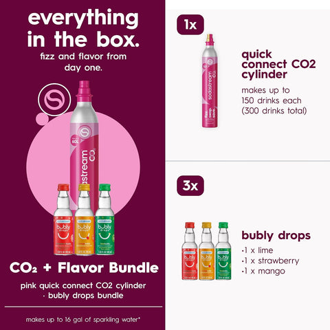 SodaStream CO2 Gas Refill Stock-Up Bundle, 1 x 60L Pink Quick Connect Cylinder with bubly drops 3 Pack, Soda Stream CO2 Refill, Makes Up to 60 Liters of Sparkling Water, Fits TERRA, ART, ENSO & More