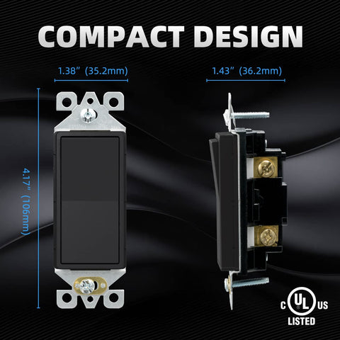 ELEGRP Matte Black Single Pole Decorator Light Switch, 15Amp, 120-277V, Decorative Paddle Rocker Switch Replacement, On/Off Wall Switch, Self-Grounding, Residential/Commercial Grade, UL/CUL (5 Pack)
