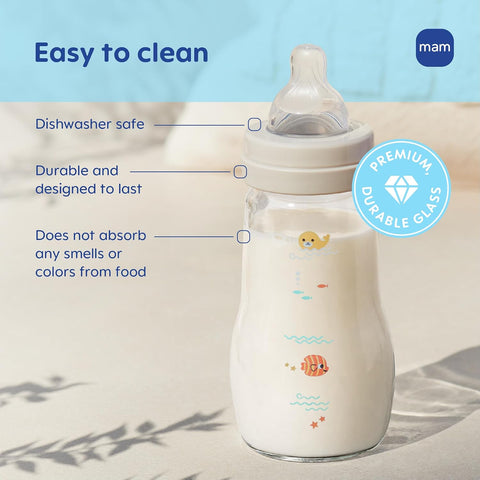 MAM 9oz Pure Glass Feel Good Anti-Colic 2+ Months Baby Bottle, Boy, 3 Count (Pack of 6)