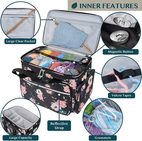 PAVILIA Knitting Bag Yarn Storage Tote, Large Crochet Organizer Bag, Yarn Storage Holder for Crocheting Knitter, Knitting Project Bag, Crochet Accessories Set, Gifts For Crochet Lovers, Soft Rose
