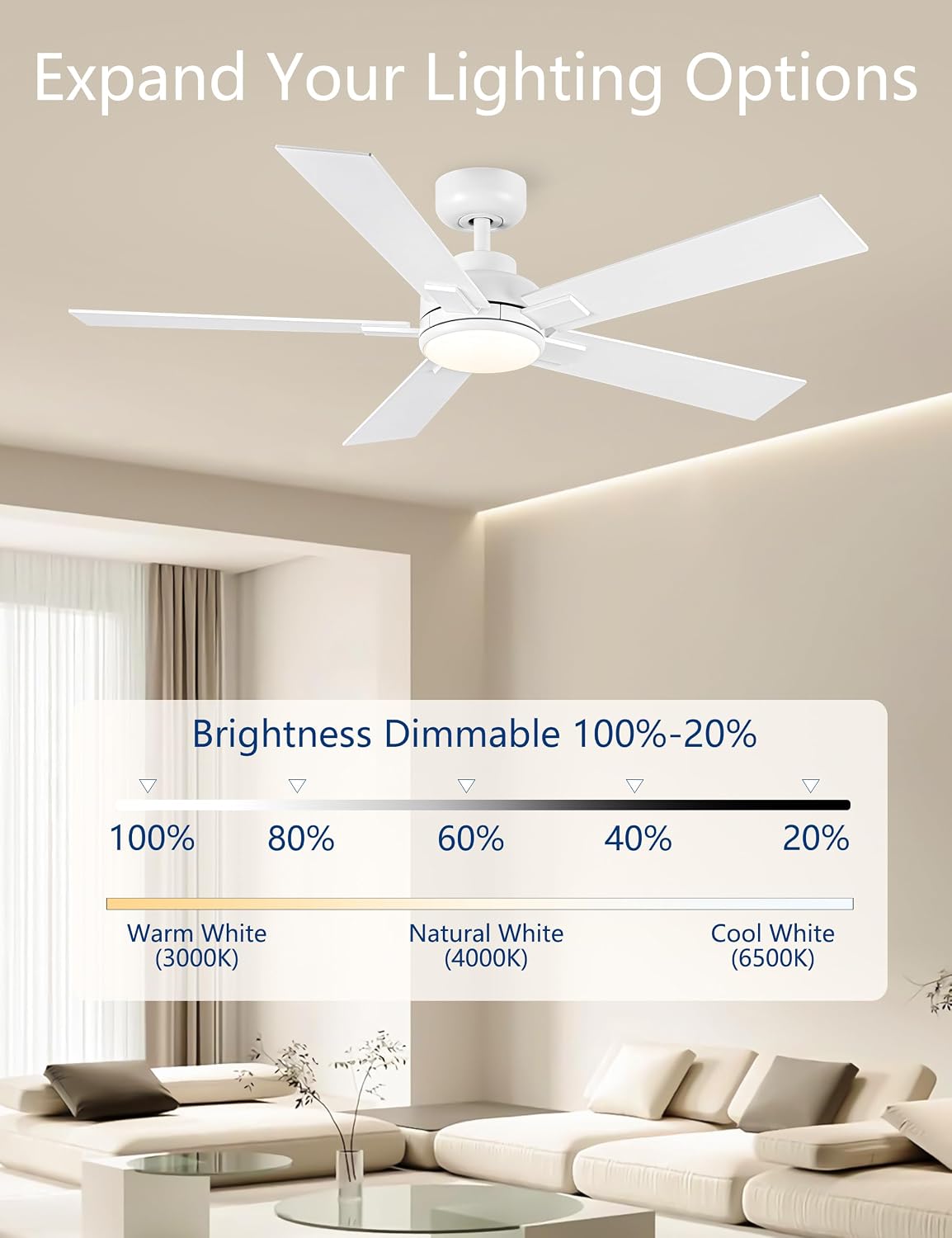 52 Inch White Ceiling Fans with Lights and Remote