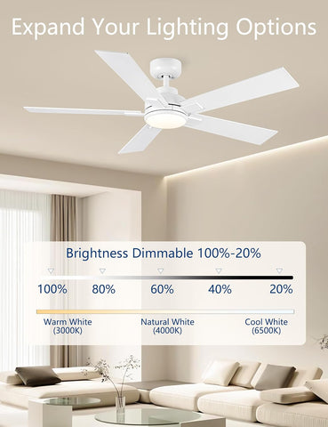 52 Inch White Ceiling Fans with Lights and Remote