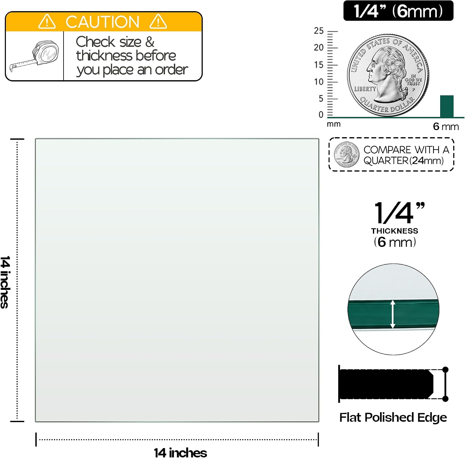 14 inch Square 1/4" Thick Flat Polished Edge Clear Glass Table Top with 6 Bumpers - Tempered, Scratch Resistant & Safety Replacement Glass for Dining, Coffee, Patio & End Tables