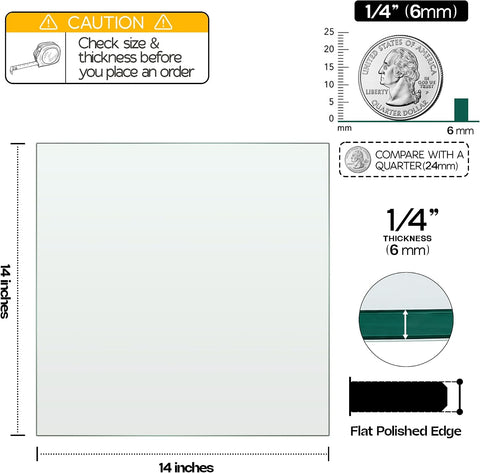 14 inch Square 1/4" Thick Flat Polished Edge Clear Glass Table Top with 6 Bumpers - Tempered, Scratch Resistant & Safety Replacement Glass for Dining, Coffee, Patio & End Tables