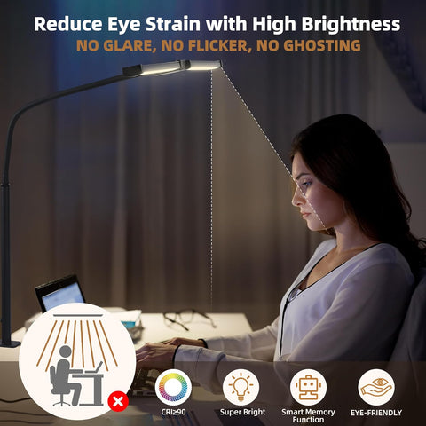 Motumen Led Desk Lamp for Home Office, Eye-Care Desk Light Clamp, Black