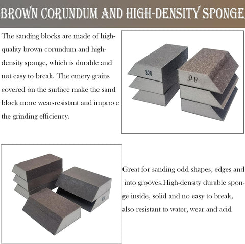 6 PCS Single Sanding Sponge Set - 80/100/120/180/220/320 Grit Sanding Blocks Assortment, Washable and Reusable