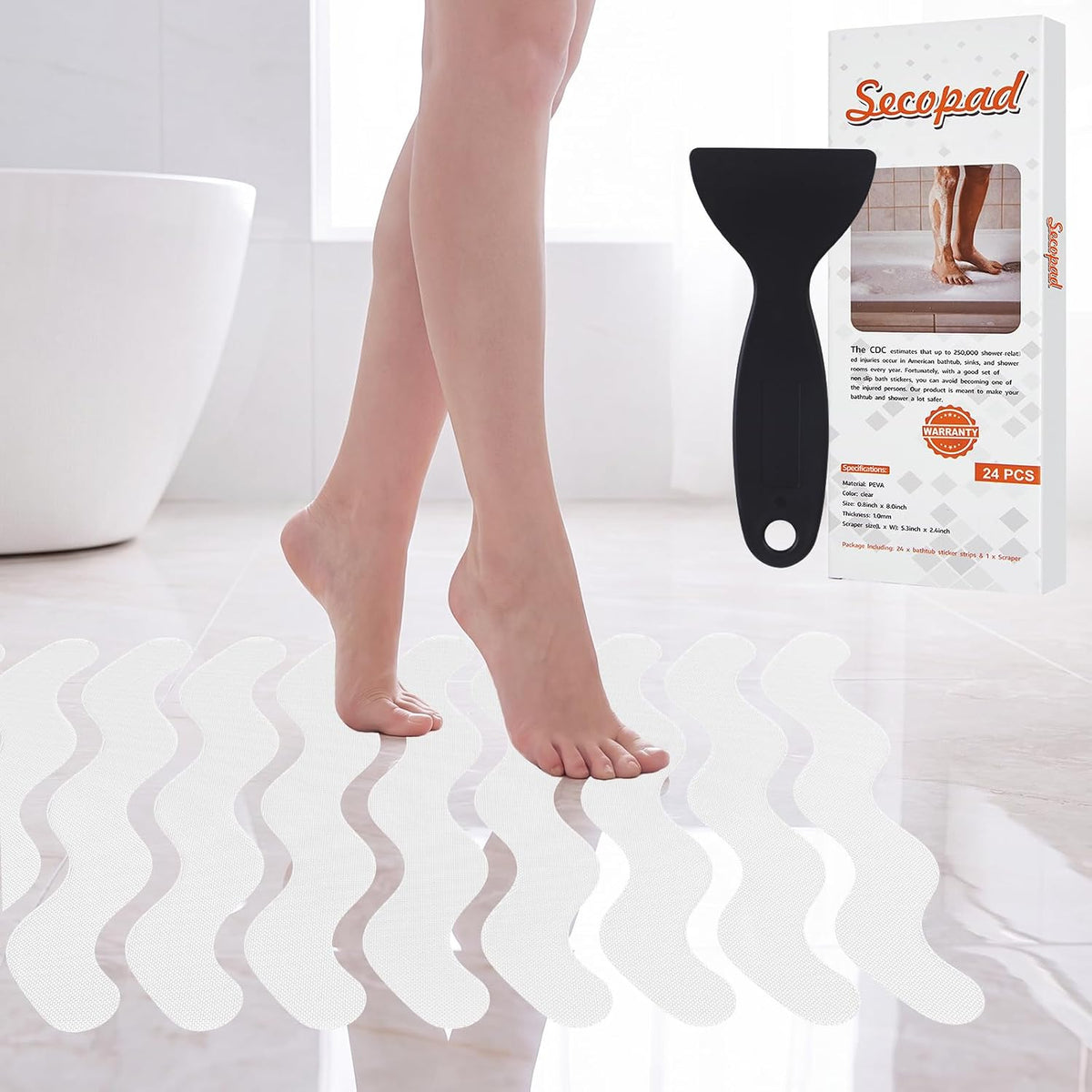 Secopad Patented Anti Slip Shower Stickers, 24PCS Adhesive Decals Safety Strips with Scraper for Bath Tub, Shower Floor, Stairs, White, 1.6"*14.5"