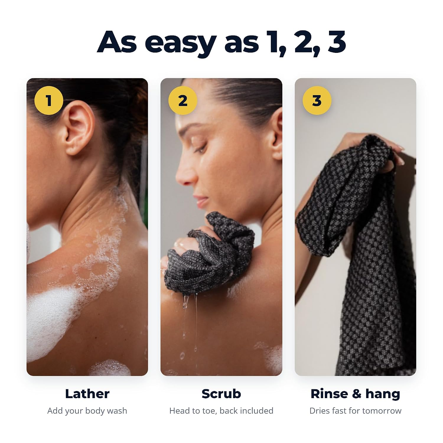 Sima Brand Exfoliating Washcloth Face & Body Scrub Towel - Japanese Exfoliating Towel with Hexagon Fibers, Body Scrubber with 2 Sides for Scrubbing & Washing, Extra Long Body Towels (Black)