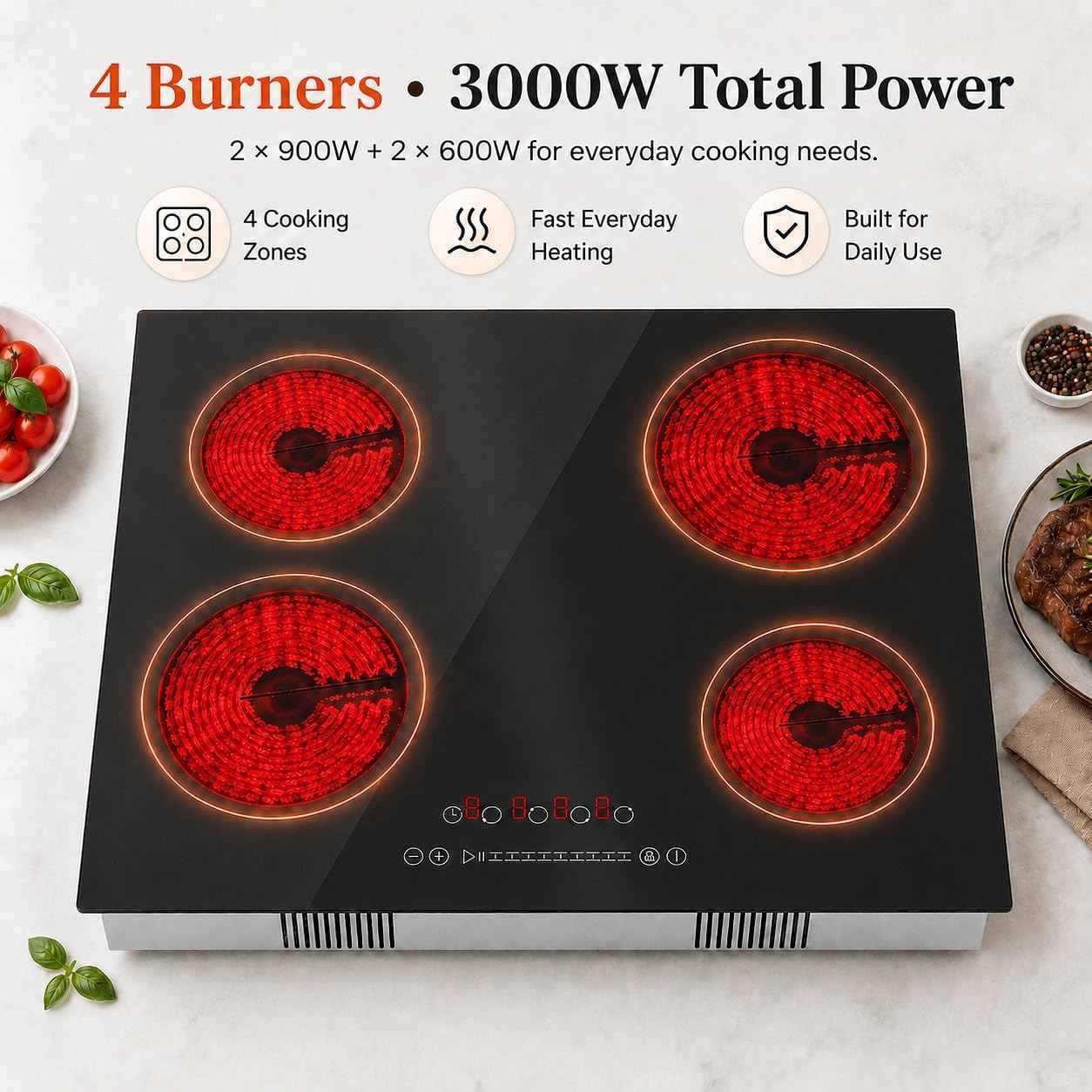 24 Inch Electric Cooktop, 4 Burners Built-in Electric Stove Top Hot Plate 3000W Drop-in Ceramic Cooktop Kitchen Stoves with Touch Control Safety Lock Timer 110-120v (Hard Wired No Plug)