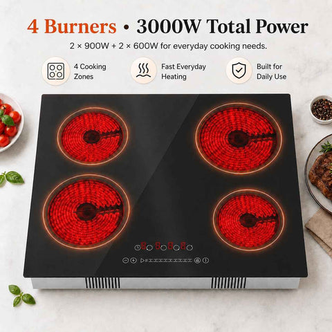 24 Inch Electric Cooktop, 4 Burners Built-in Electric Stove Top Hot Plate 3000W Drop-in Ceramic Cooktop Kitchen Stoves with Touch Control Safety Lock Timer 110-120v (Hard Wired No Plug)