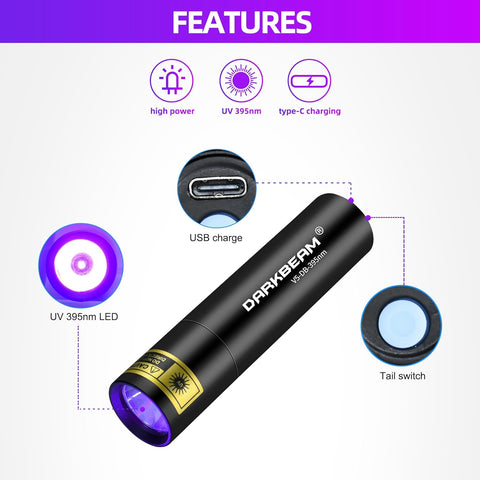 DARKBEAM Flashlight UV Black Light 395 NM, Mini but Powerful USB- C