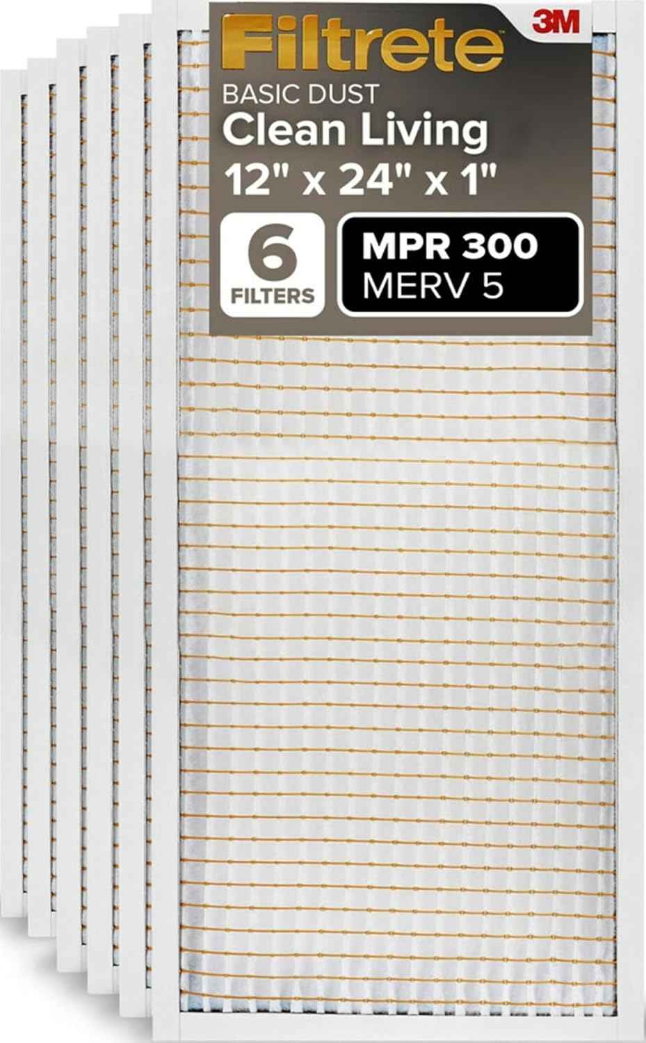 Filtrete 12x24x1 Air Filter MERV 5, 6-Pack, MPR 300 Basic Dust Defense, 3-Month Pleated Electrostatic
