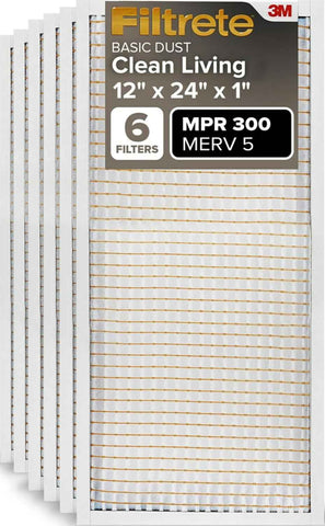 Filtrete 12x24x1 Air Filter MERV 5, 6-Pack, MPR 300 Basic Dust Defense, 3-Month Pleated Electrostatic