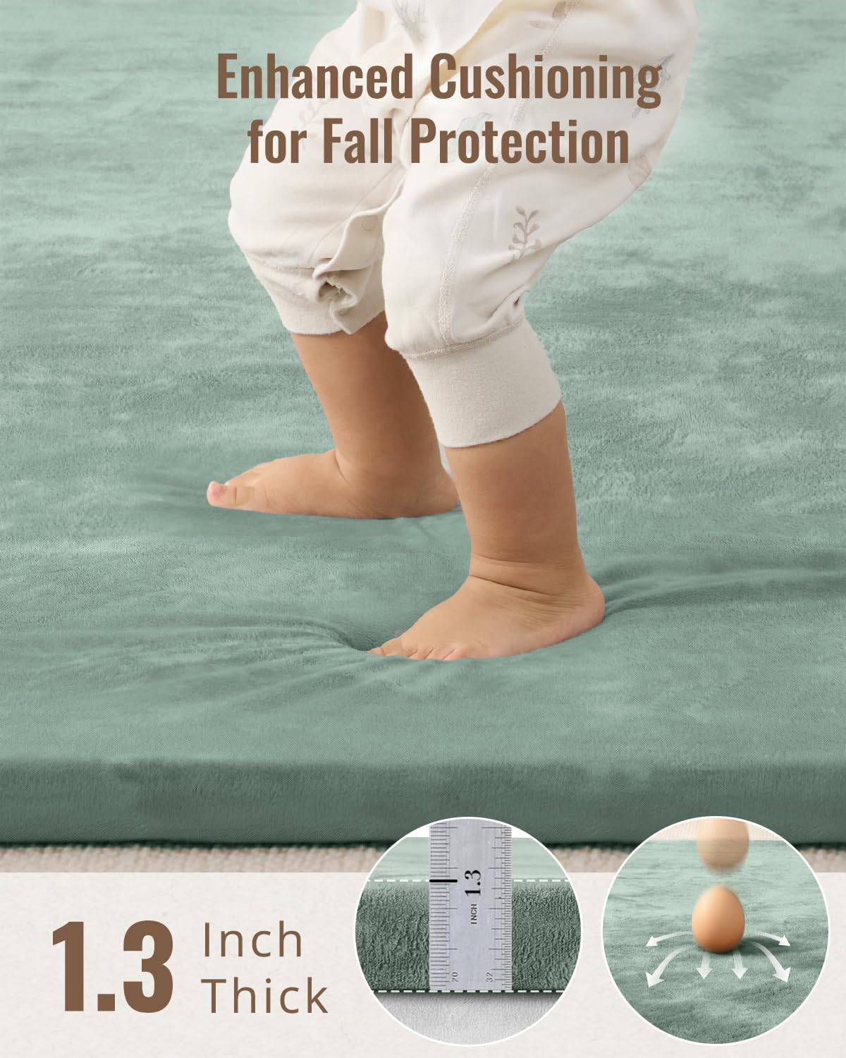 Blissful Diary 1.3" Thick Baby Play Mat, 50x50 Playpen Mat with Removable & Washable Cover, Ultra Soft Crawling Rug for Floor, Foam Cushion & Non-Slip Backing for Kid, Toddler and Infant, Sage Green