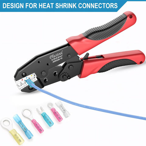 Plustool Crimping Tool for Heat Shrink Connectors AWG26-10, Ratcheting Wire Terminal Crimper - Crimping Pliers - Electrical Crimping Tool