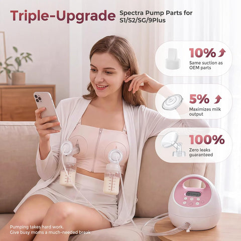 Pump Parts Compatible with Spectra S1/S2/9 Plus Breastpump, 4 Set Replacement Parts for Spectra Include 17mm Flange,Duckbill Valve,Backflow Protector,Tube,Bottle, Not Original Accessories