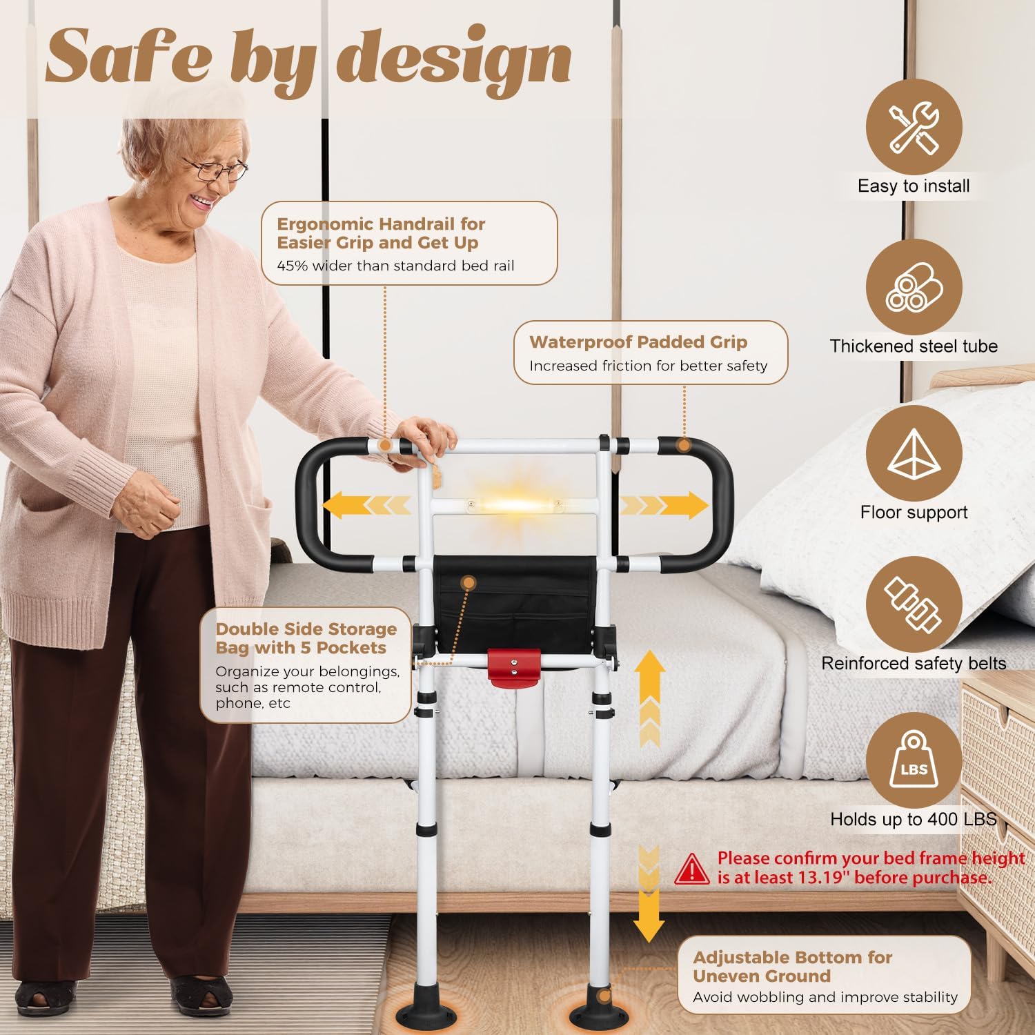 Bed Rails for Elderly Adults Foldable Safety Rail with Light 400LBS
