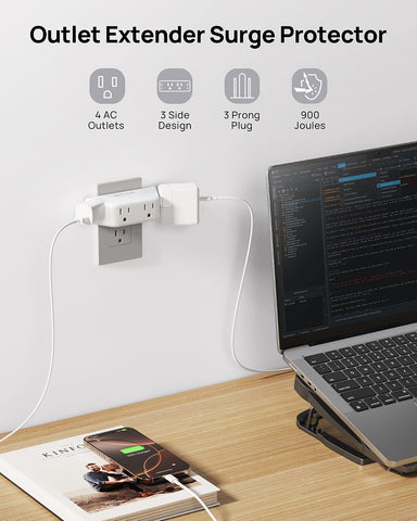 TROND Outlet Extender Surge Protector, Multi Plug Wall Outlet, White