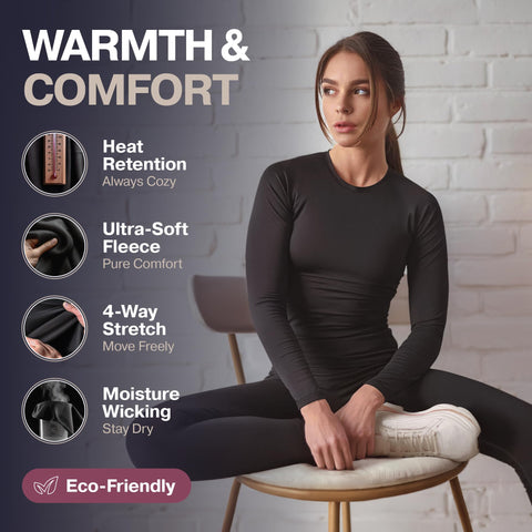 Thermajane Long Johns Thermal Underwear for Women Fleece Lined Base Layer Pajama Set Cold Weather (2X-Large, Black)