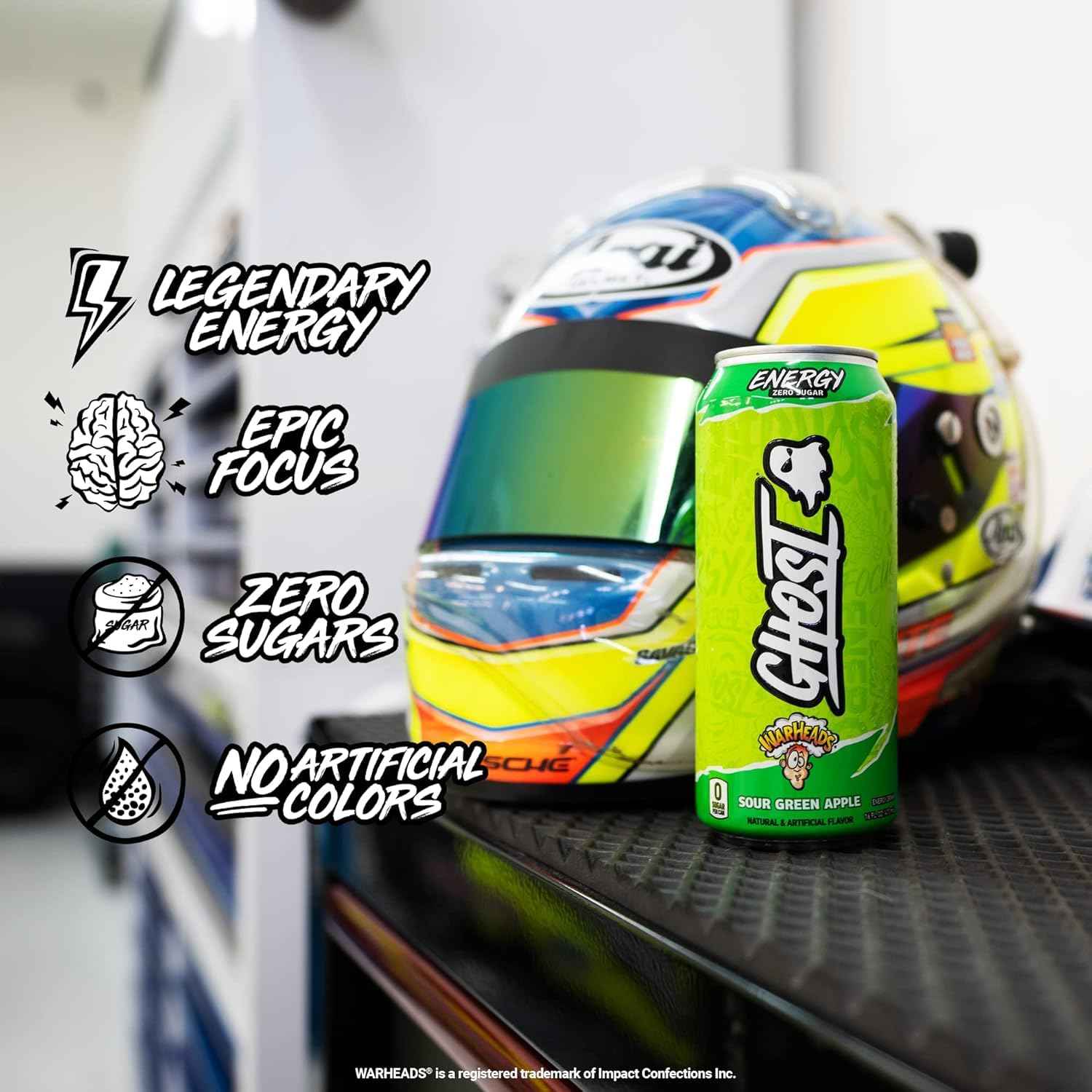 GHOST Energy Drink, Zero Sugars, 12-Pack, Warheads Sour Green Apple, 16oz