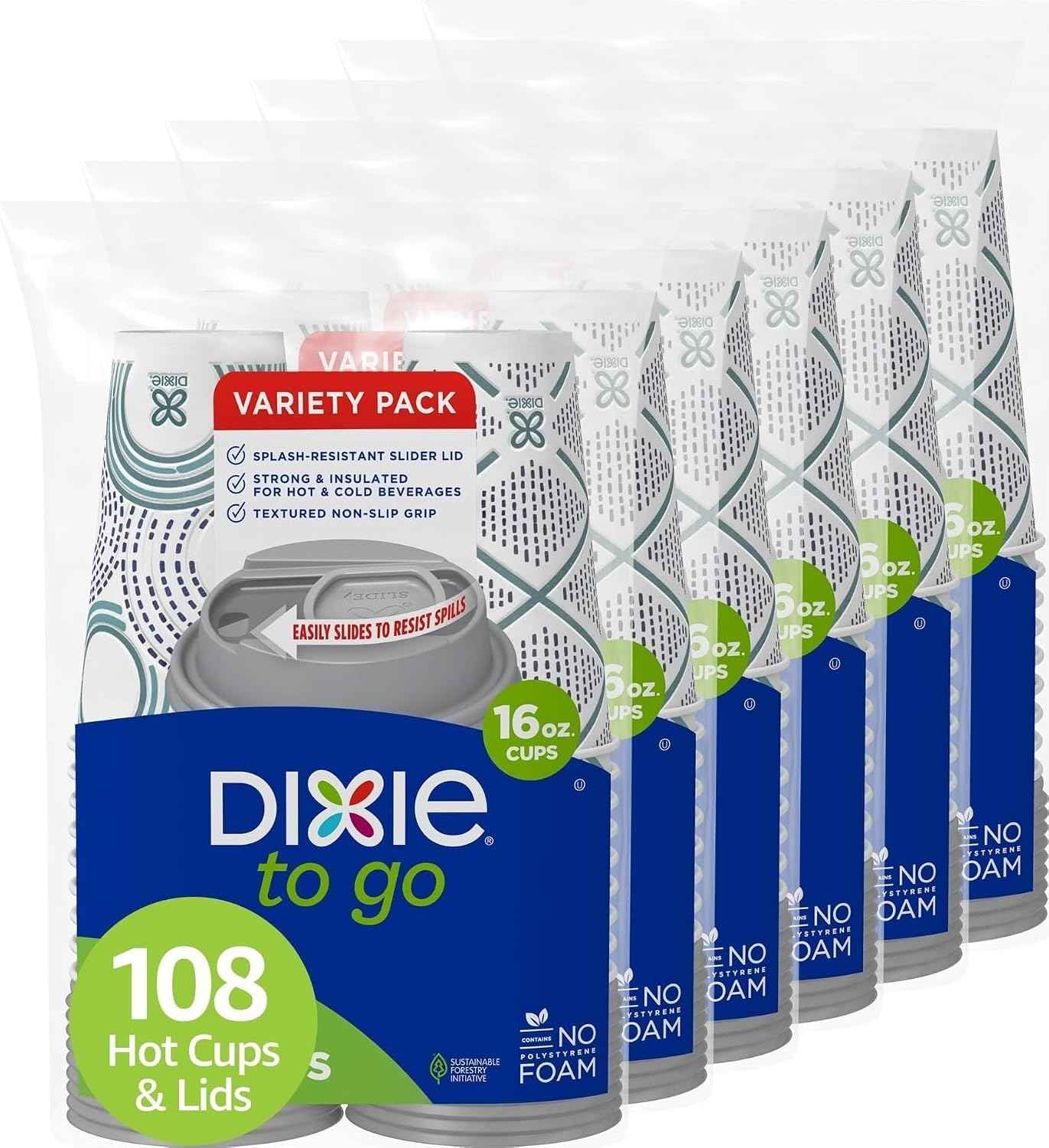 Dixie To Go Paper Coffee Cups With Lids, 16 oz, 108 Count (6 packs of 18 cups), Disposable Insulated Paper Cups for On-The-Go Hot or Cold Beverages